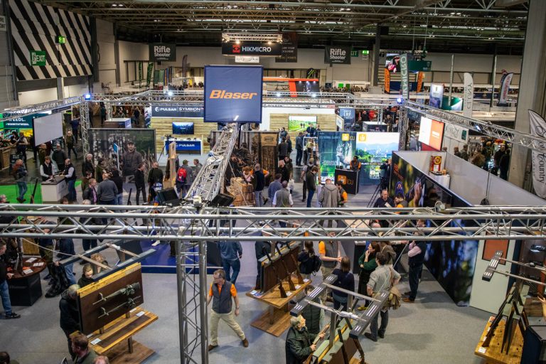 The Blaser stand and the busy show hall at the Great British Shooting Show at the NEC Birmingham